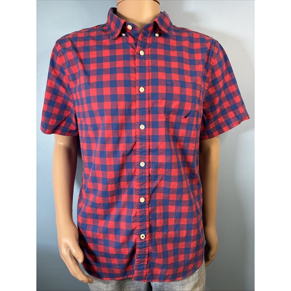 Nautica Red/Blue Check Short Sleeve Button Collar Shirt (Men’s XL) Classic Fit